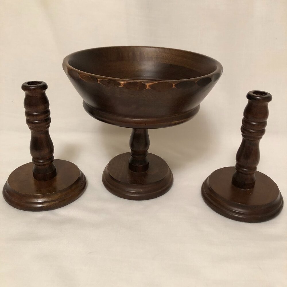 Vintage walnut pedestal bowl and candlesticks